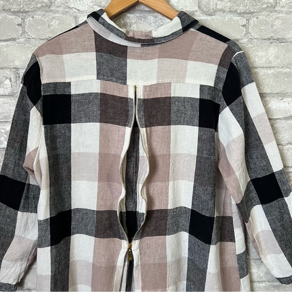 Soft Surroundings Women's Large Carreaux Plaid Linen Blend Back Zip Blouse Beige - Picture 8 of 12
